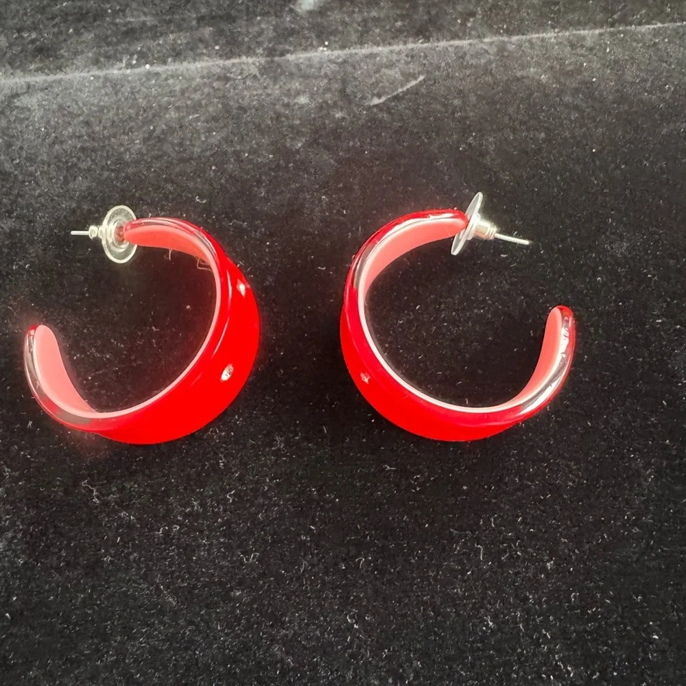 Vintage Retro 90s Red and Pink Studded Chunky Hoop Y2K Earrings